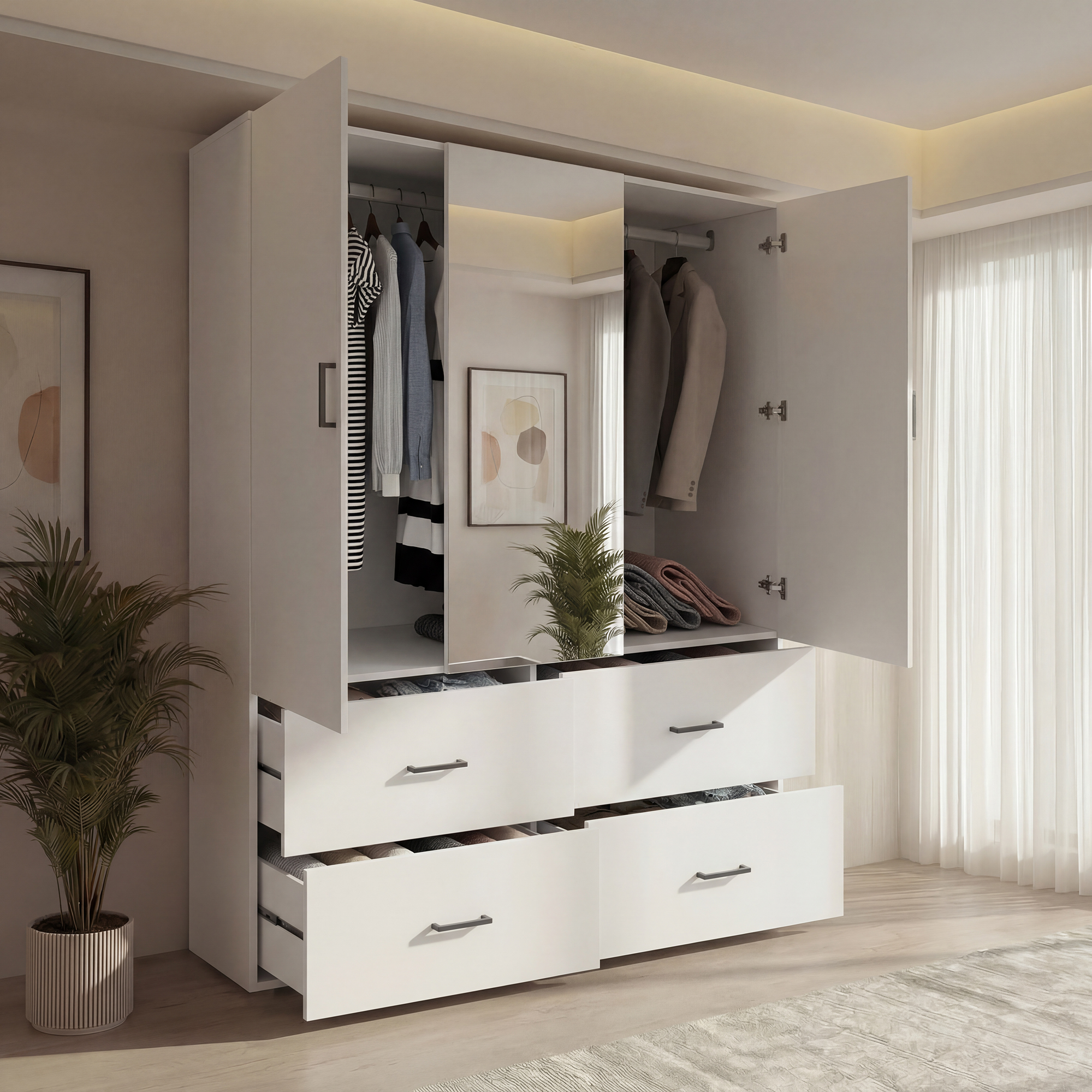 Armadio Guardaroba 130 Cm Con Specchio Centrale, Armadio Da Camera 2 Ante Con 4 Cassetti, Grande Armadio Appendiabiti Bianco Con Specchio A Figura Intera, Maniglie Nere, Mobile Contenitore Moderno Per