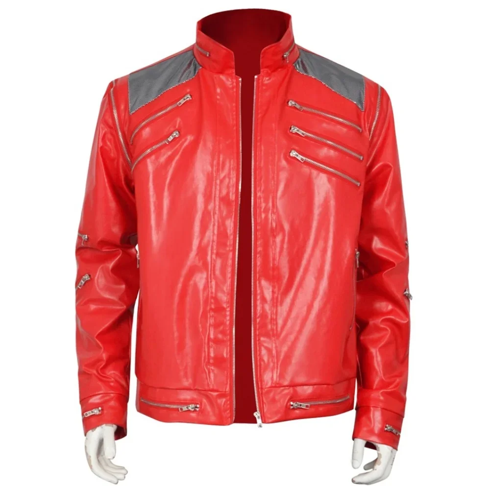 Anime Punk Michael JaEkson Rote Jacke Cosplay Kostüm Herren Klassisches Beat It Bühnenoutfit Schulter-Netzdetails Mehrere Reißverschluss-Details