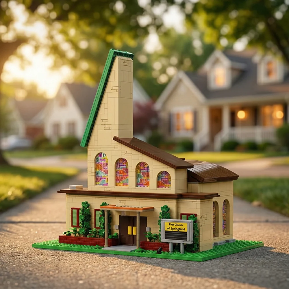 2465-teiliger Kreativer Anime Springfield Kirchenbaukasten Stadtansicht-Architektur Modulares Modell LED-Spielzeug Geschenk für Erwachsene und Kinder Image