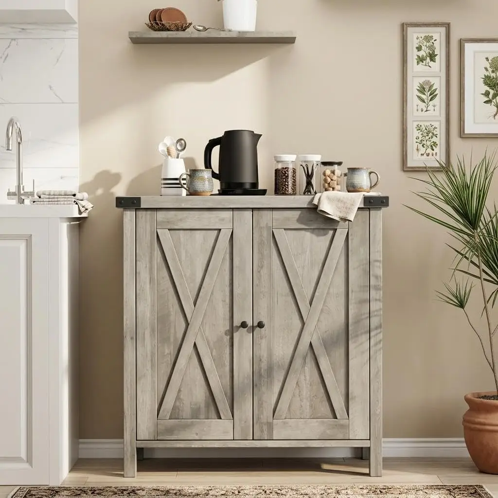 Landhaus-Sideboard/Buffetschrank mit Stauraum, Holz-Anrichte mit 2 Scheunentüren & verstellbarem Regal für Esszimmer, Wohnzimmer