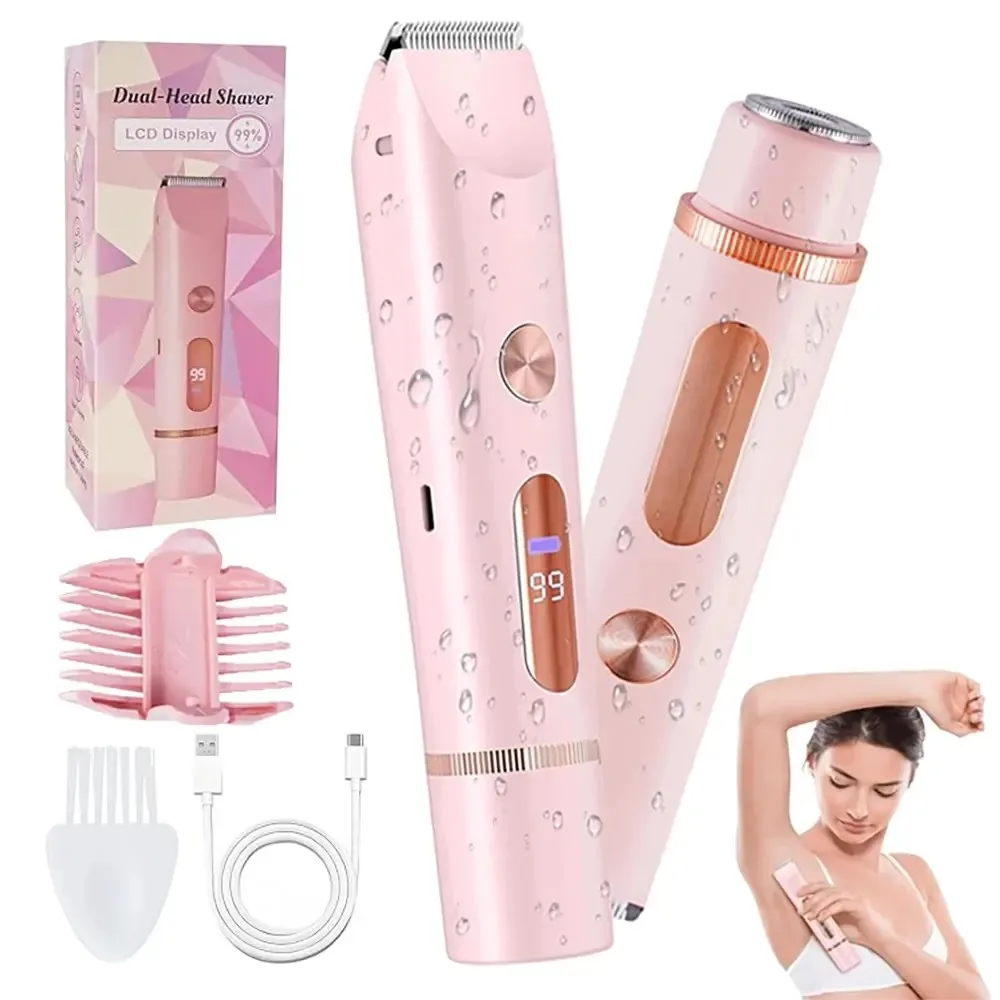 2-in-1 Elektrorasierer für Frauen mit LCD-Digitalanzeige, Doppelkopf-Bikini-Trimmer, kabellos, wiederaufladbar, wasserdicht, Haarentferner Image
