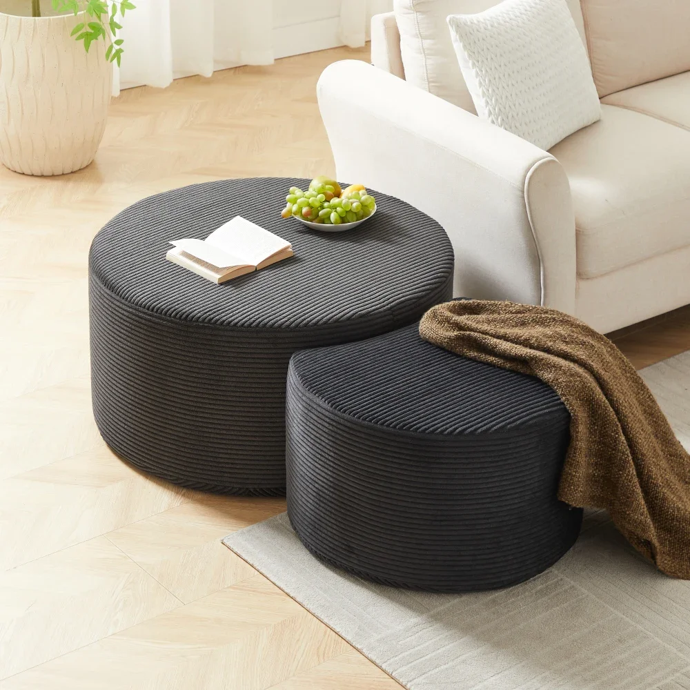 2-teiliges modernes rundes Cord-Schaumstoff-Couchtisch-Set, gepolsterte Ottoman-Tische für Wohnzimmer, Apartment, Wohnheim, kleine Räume