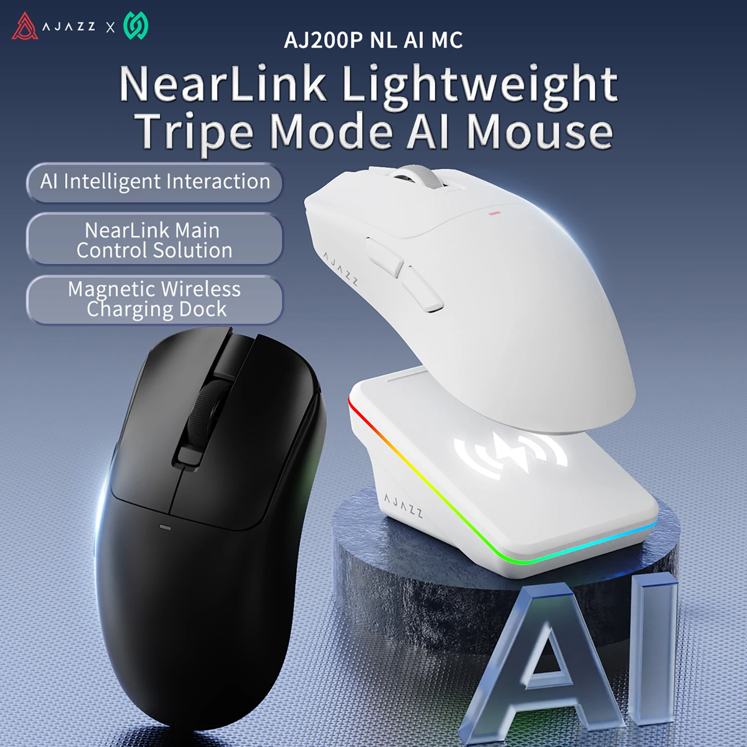 AJAZZ AJ200 NL AI MC & AJ200P NL AI MC Triple-Mode Smart Gaming-Maus, 63 g ultraleicht, mit magnetischem Dock, ausgestattet mit PixArt PAW3311 Sensor, 2,4G / Bluetooth / Kabelverbindung, Image