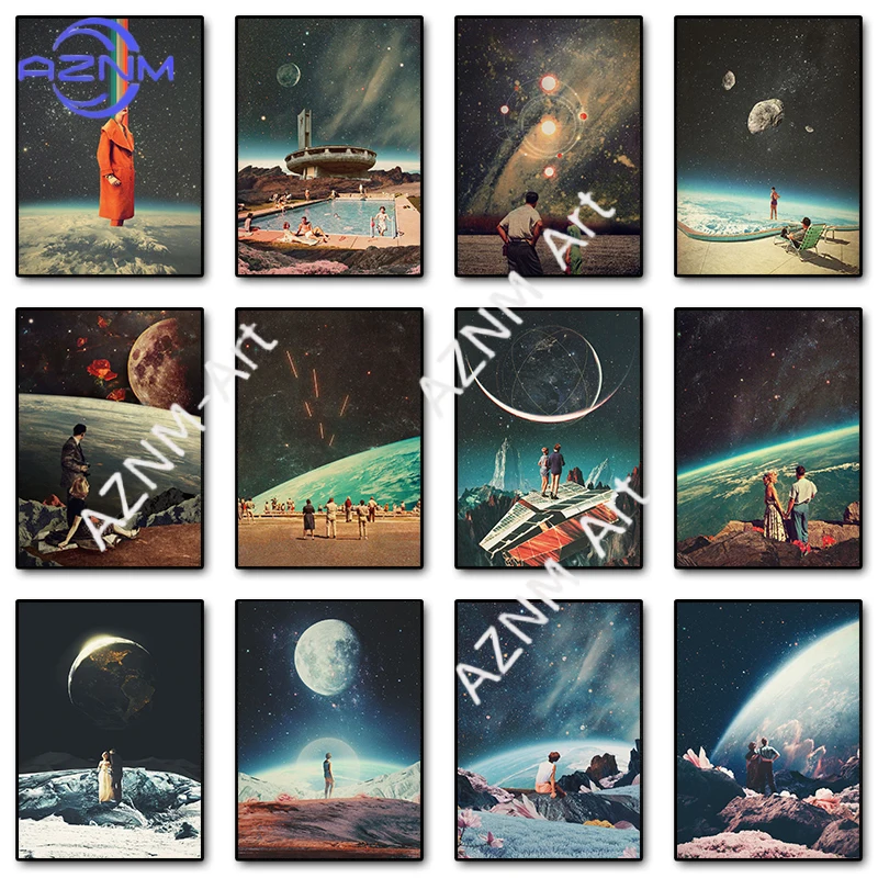 Vintage Surreal Space Futurism Poster, Drucke, Leinwandgemälde, Sci-Fi, himmlische Galaxie, Retro-Wandkunst, Bild für Zimmer, Heimdekoration Image