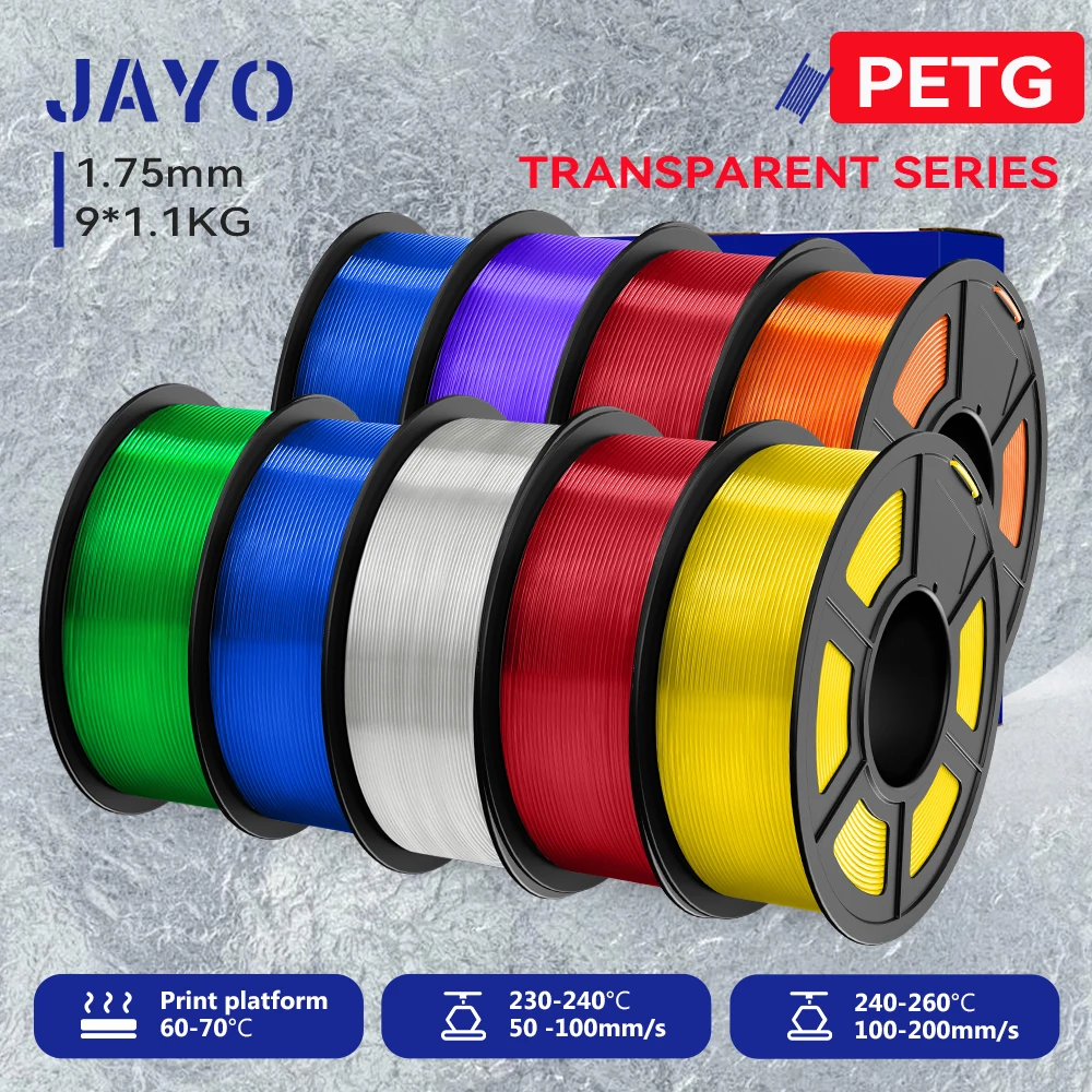 JAYO 9Roll PETG/PETG Clear 3D-Drucker-Filament, transparente Serie, hohe Zähigkeit, ordentlich gewickeltes Filament, passend für die meisten FDM-Drucker Image