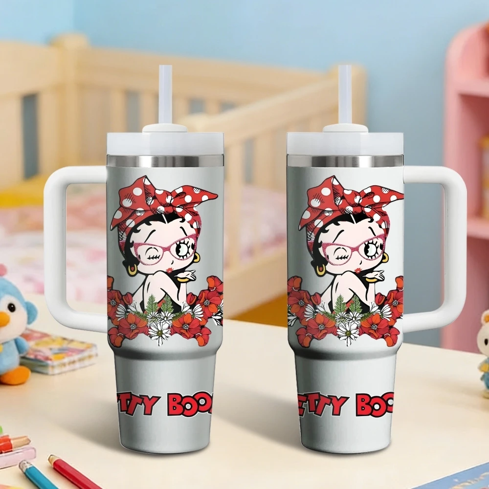 Cartoon B-Betty Boop Vakuum-Thermosflaschen 40oz Edelstahl Isolierter Becher mit Griff & Strohhalm Auslaufsicherer Reisebecher Image