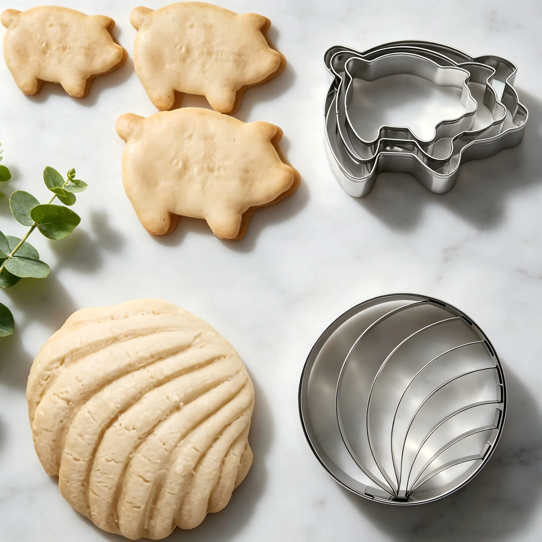 4-teiliges Süßes & Praktisches Edelstahl-Set für Mexikanische Brotformen in 3 Größen, Schweine-Keksausstecher, Concha-Stempel, Lebensmittelecht, Antihaftbeschichtet für DIY Image