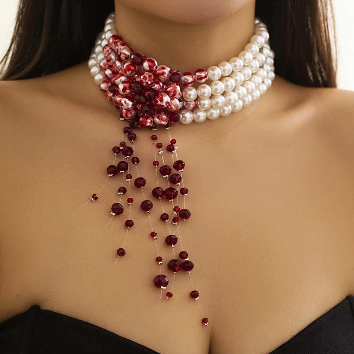IngeSight.Z Multilayer Imitation Perle Halskette Für Frauen Gothic Tropfen Öl Rot Kristall Quaste Choker Halskette Halloween Schmuck Image