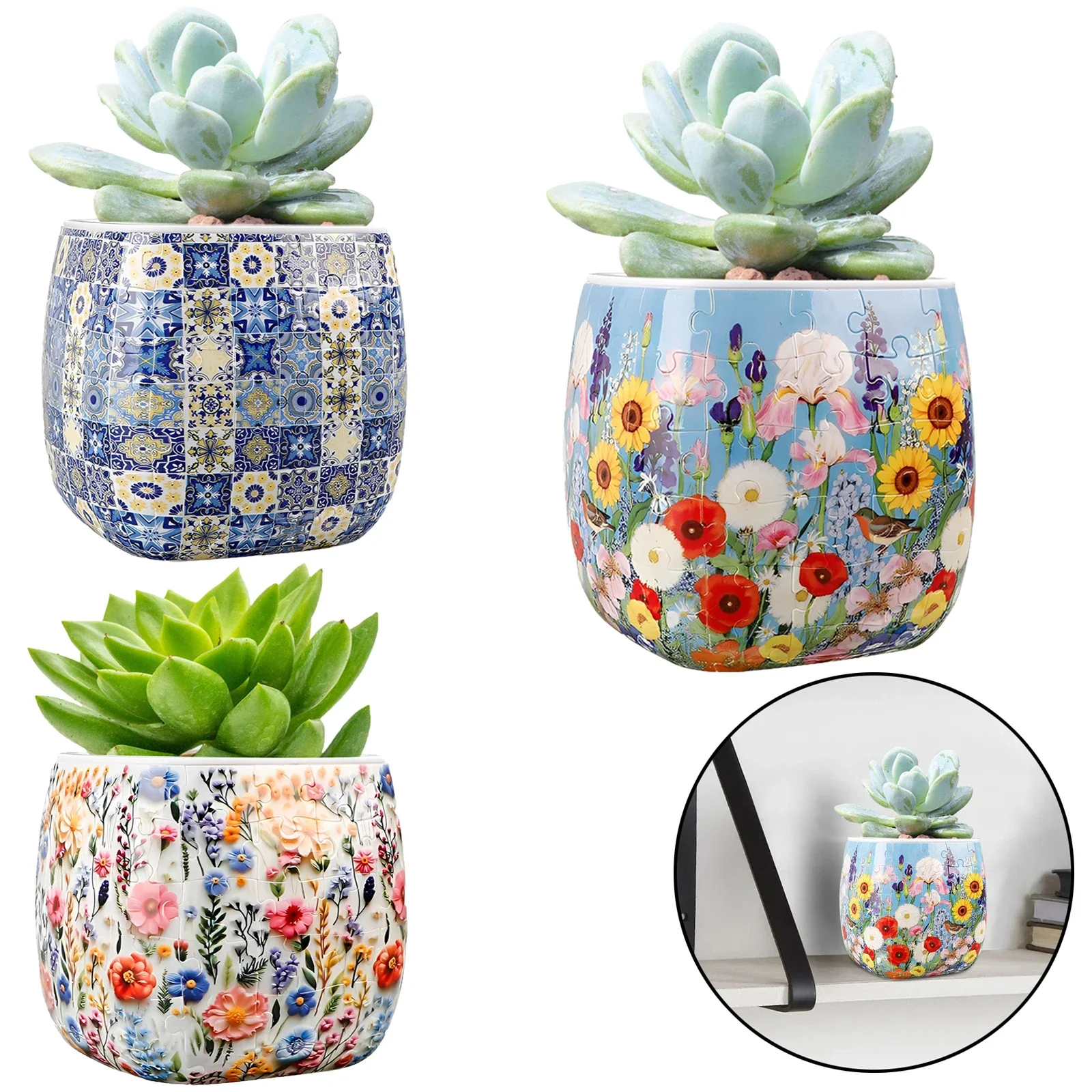 3D Puzzle-Blumentopf DIY Plastik-Blumenvase Ornamente Wohnungsakzent mit 96-teiligem Puzzle-Blumentopf für Zimmerpflanzen Kaktus Sukkulenten Image