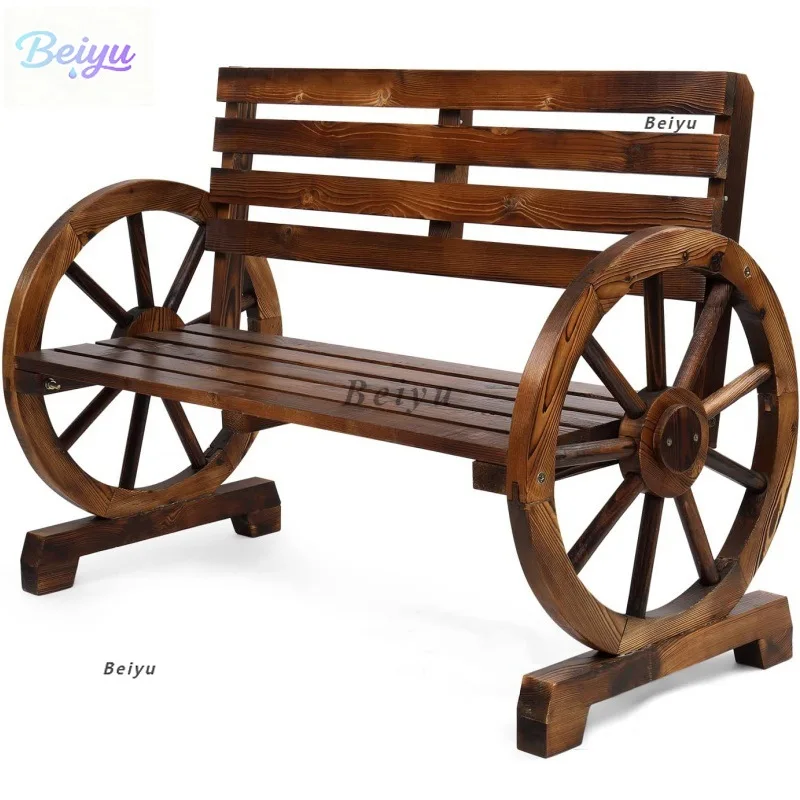 Country style wooden wheeled outdoor chair, patio bench with slat seating for 2 people, outdoor garden bench