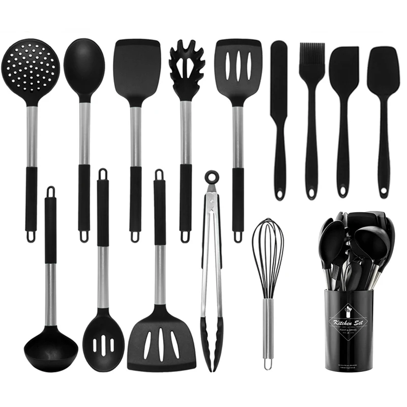 Ensemble d'ustensiles de cuisine en silicone antiadhésif noir, ustensiles de cuisine, spatule, batteurs à œufs, poignée en acier inoxydable, ensemble d'outils de cuisine, F2