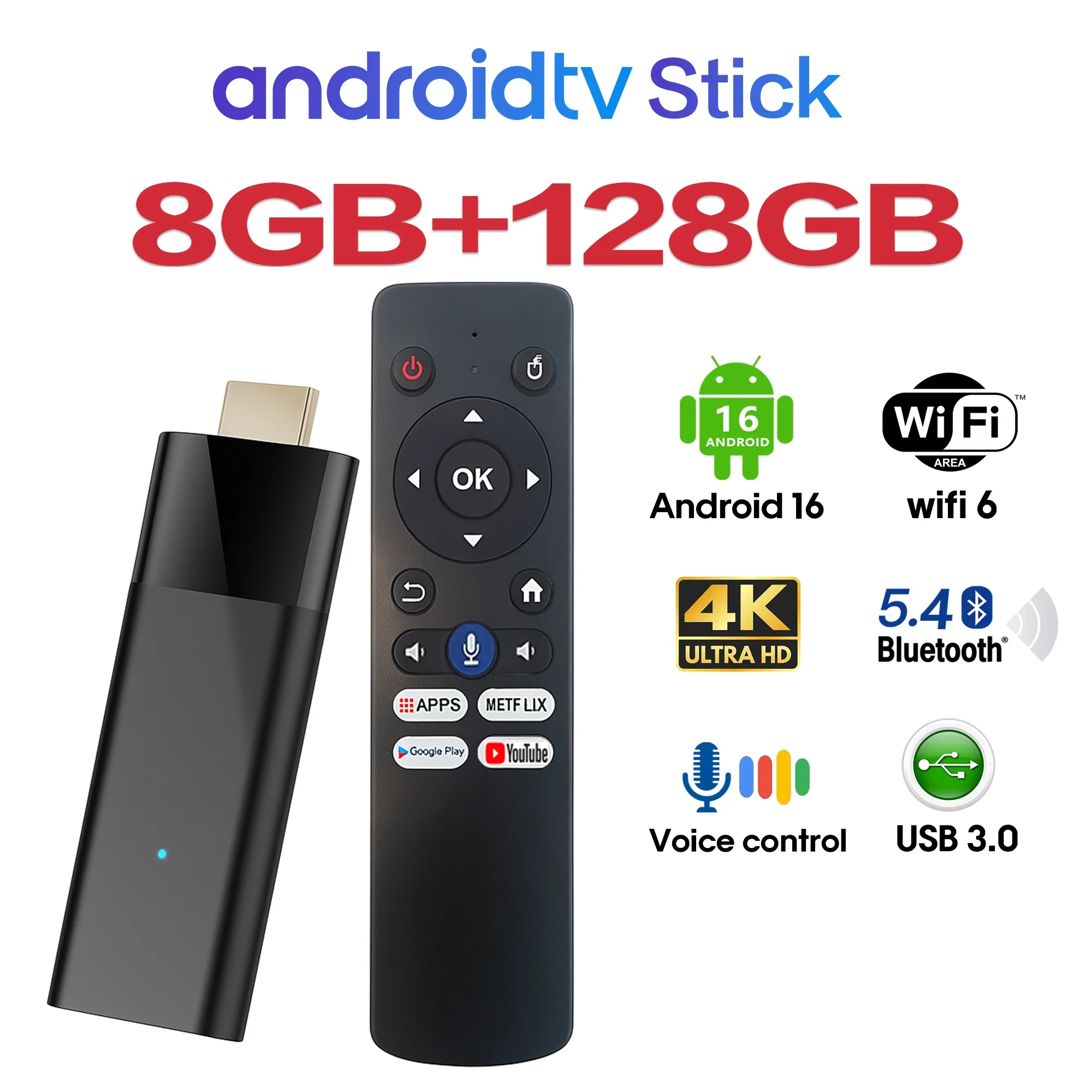 4K Android 16 TV-Stick Smart TV Dongle WiFi HDMI Streaming-Mediaplayer mit Sprachfernbedienung Unterstützt Netflix YouTube Google Play Image