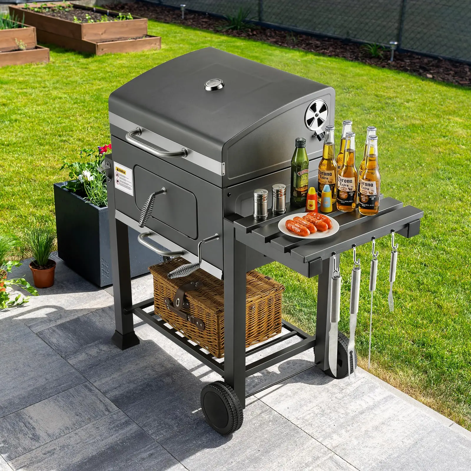 Holzkohlegrill,Grillwagen Holzkohle,Groß Kohlegrill,Griller,Smoker Holzkohlegrill mit Deckel,2PCS Räder,Grillrost,Thermometer,BBQ Grill,für Camping,Garten Image