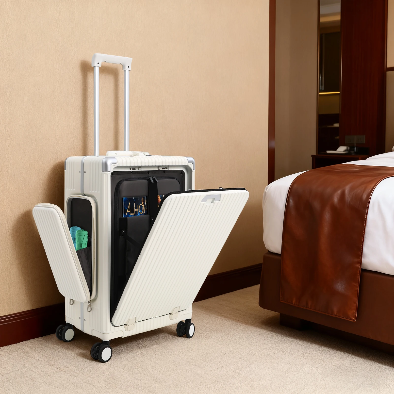 Valigia a tre aperture da 24 pollici, valigia multifunzionale con apertura frontale, valigia con porte USB e Type-C, valigia da viaggio con 4 ruote, valigia da cabina, in PC di alta qualità e lega di