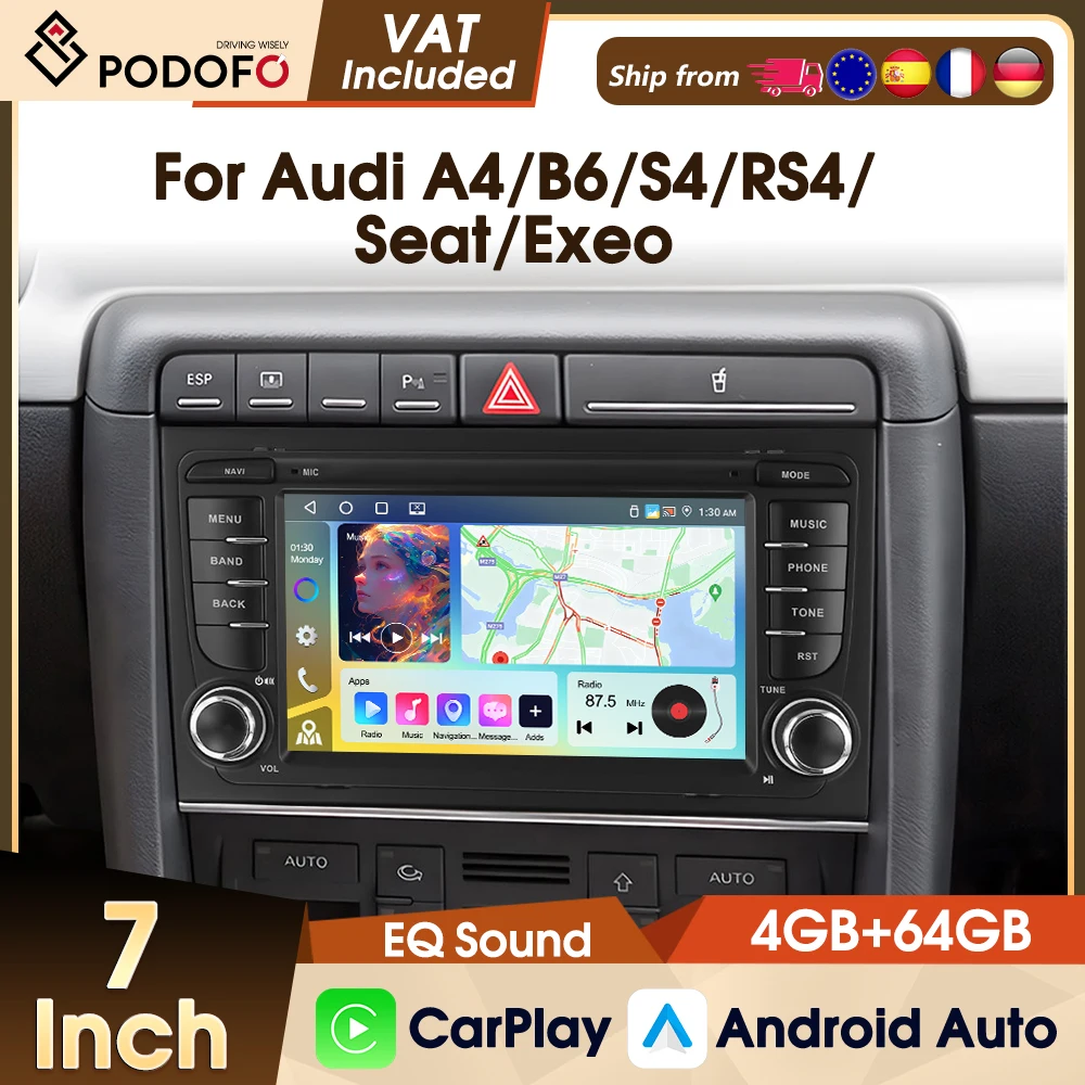 Podofo 7'' Wireless Carplay Autoradio für Audi A4 2002-2007 S4 RS4 B6 B8 B7 Android Auto Wifi GPS FM RDS Auto-Multimedia-Player Image