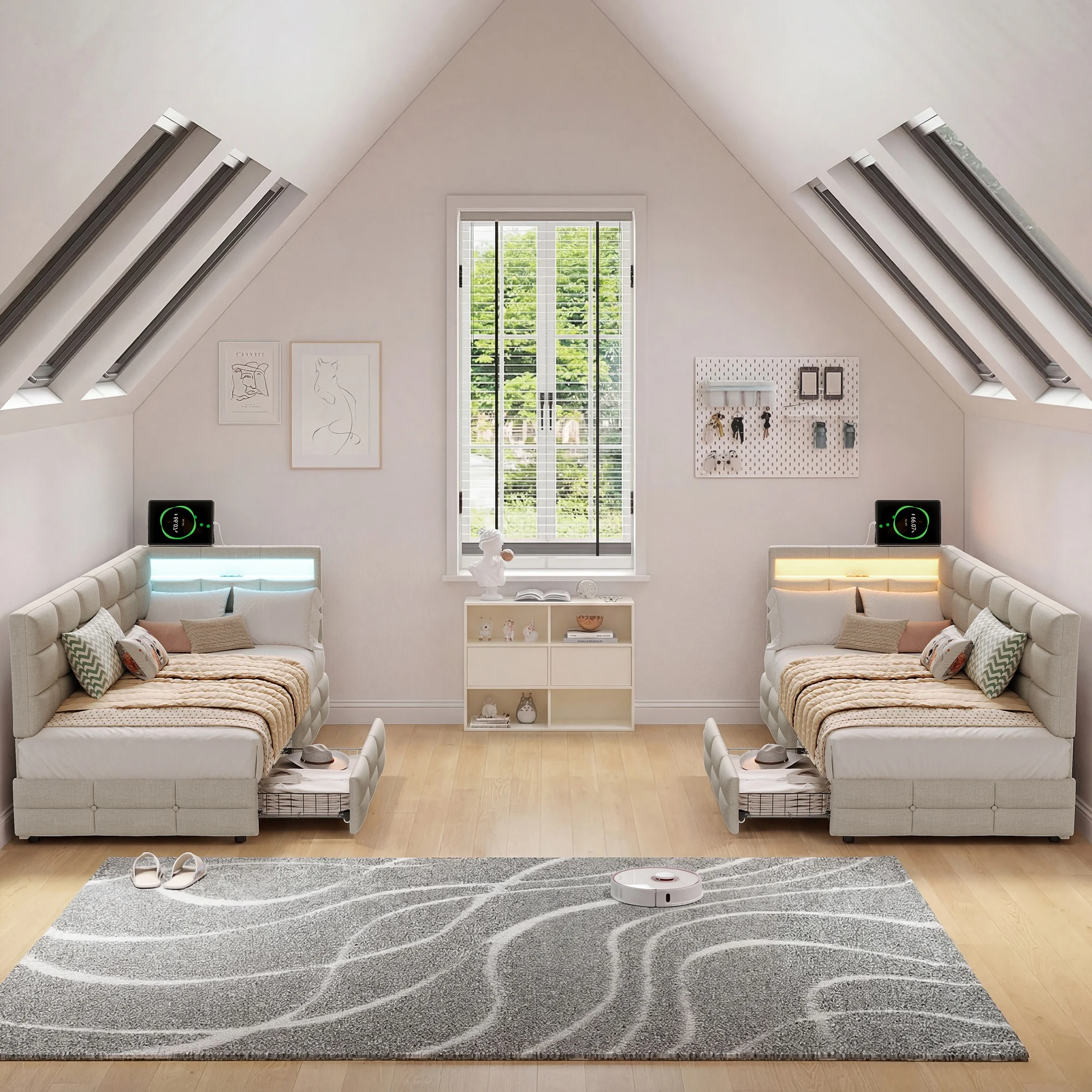 Rosahqnda 90x200cm Kinderbett, gepolstertes Bett mit USB- und LED-Beleuchtung, Einzel-Schlafsofa mit 2 Schubladen, Leinenstoff, ohne Matratze Image