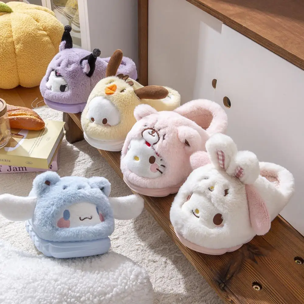 Anime Kuromi Winter Plüsch-Hausschuhe Hello Kitty Cinnamoroll Sanrio Kawaii Cartoon Niedliche Verdickte Warme Hausschuhe Festtagsgeschenk