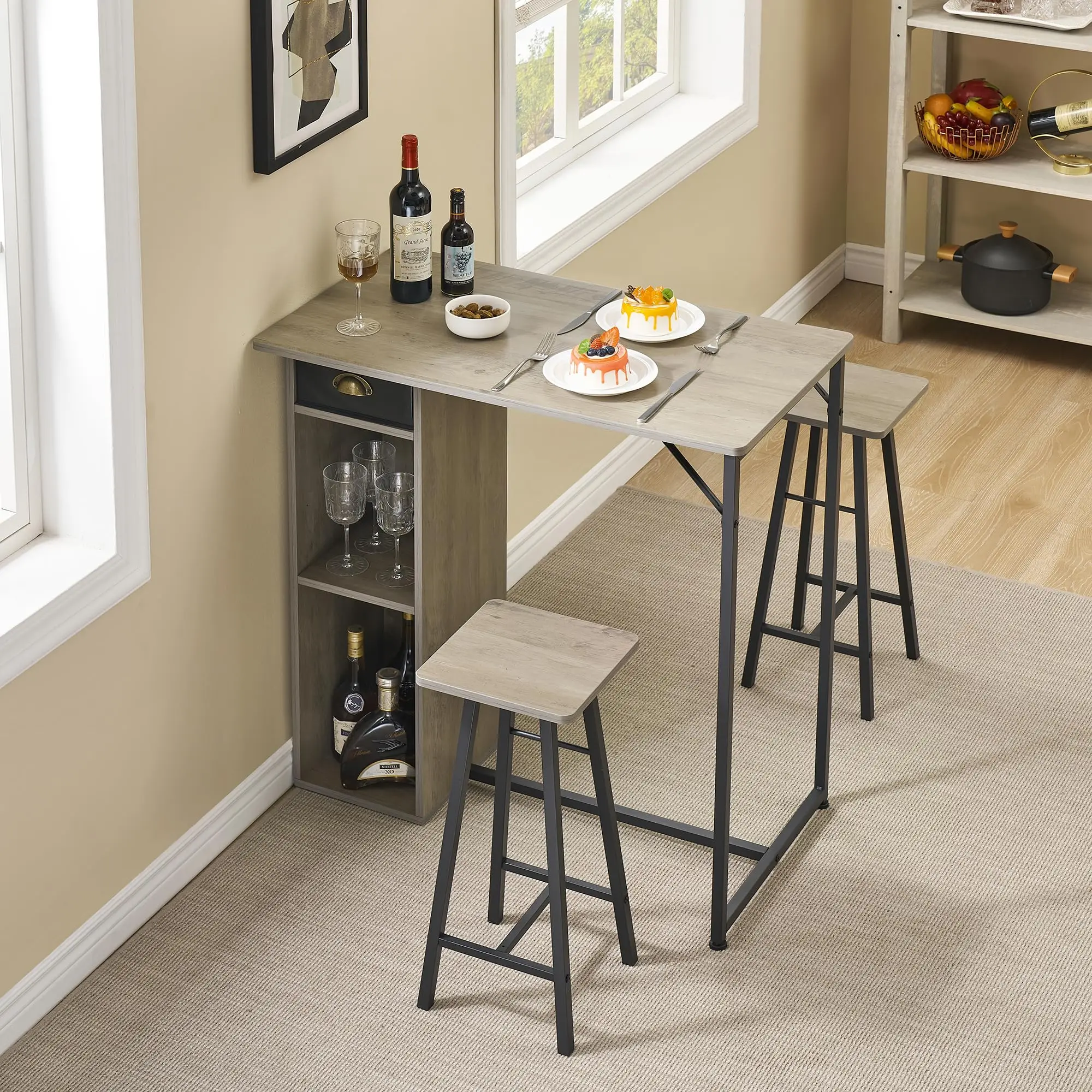 3-teiliges Bar-Set mit Tisch und Stühlen, bestehend aus einem Esstisch und zwei Hockern, Stehtisch mit Schublade und Ablage für