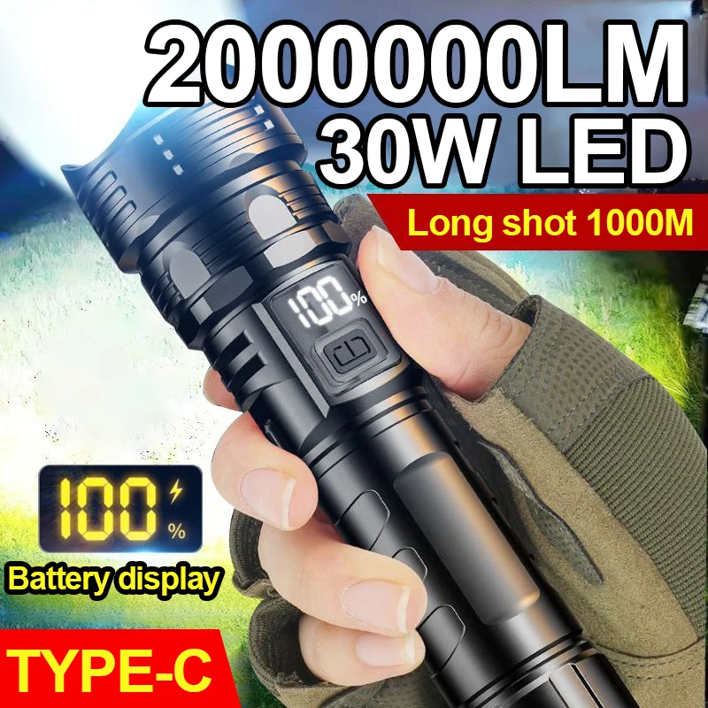 Hochleistungs-LED-Taschenlampe, wiederaufladbare USB-Taschenlampe mit Display, zoombares Licht mit Batterie, Camping-Wanderlaterne, Notfall-Lampe Image