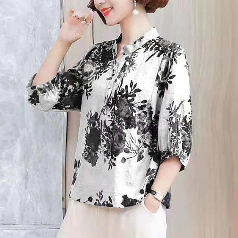 Moda donna Vintage camicetta allentata primavera estate cotone lino stampa pullover mezza manica bottone oversize Casual camicia femminile