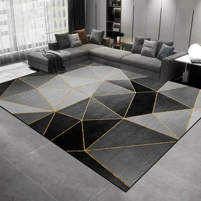 Luxuriöser Geometrischer Goldlinien-Teppich, Moderner Schwarz-Grauer Abstrakter Bodenteppich für Wohnzimmer und Schlafzimmer, Rutschfester Waschbarer Teppich Image