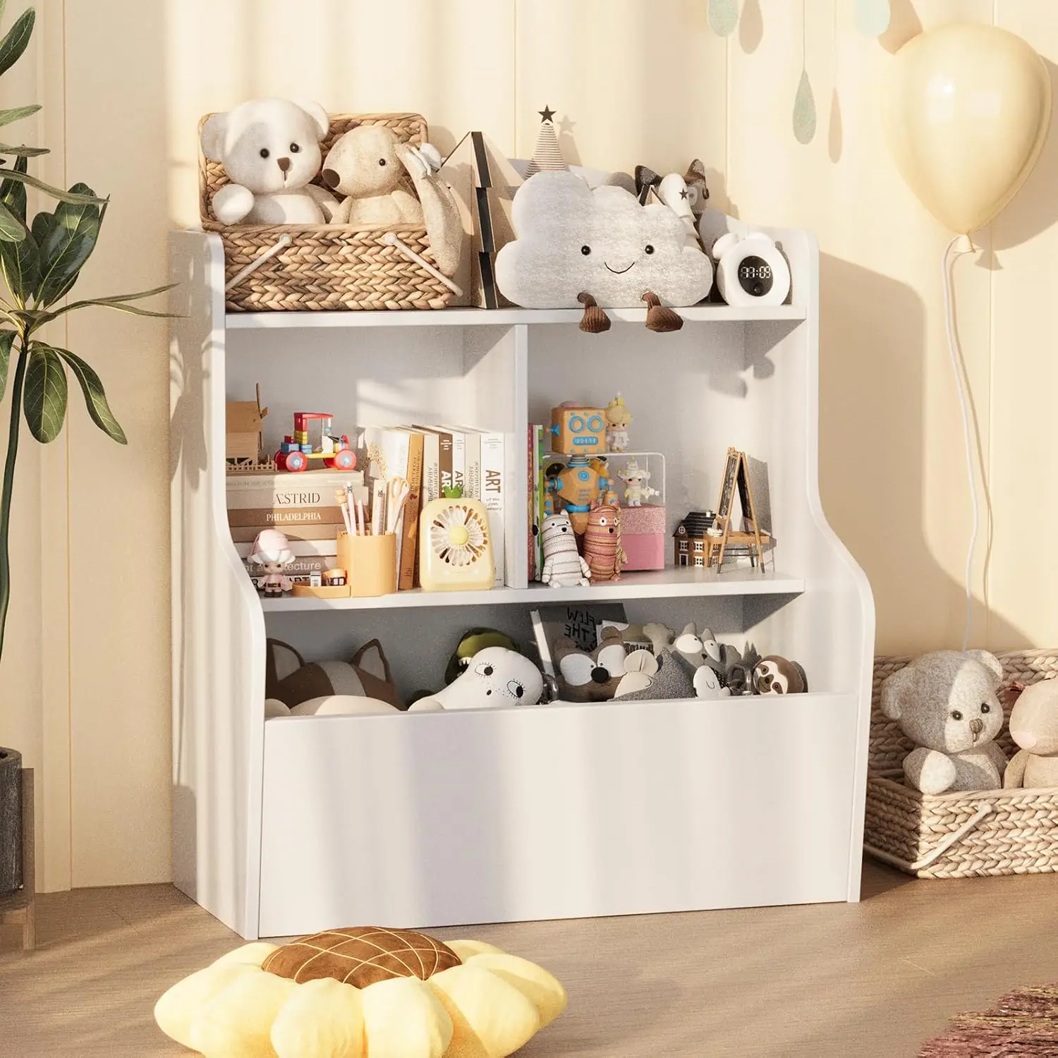 3-stöckiges Kinder-Bücherregal & Spielzeug-Aufbewahrungsregal: Holz-MDF-Kinderbücherregal mit abgerundeten Ecken, flaches Präsentationsregal für Kinderzimmer, Spielzimmer & Wohnzimmer, sicheres