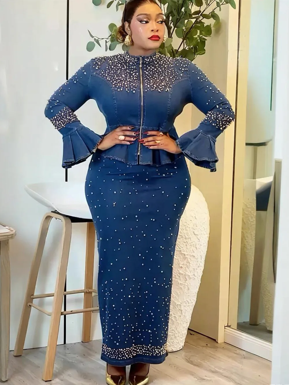 Afrikanische Kleidung für Frauen, 2-teilige Sets, Oberteile und Röcke, Anzüge, Dashiki, Ankara, Denim-Outfit, große Größen, türkische Hochzeits- und Partykleider Image