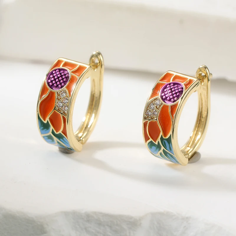 Exquisite Synthetische Kubische Zirkonia Mikro-Blumen Creolen Handgefertigte Emaille Farbige Hofstil-Ohrringe Charm-Schmuck Geschenke Image