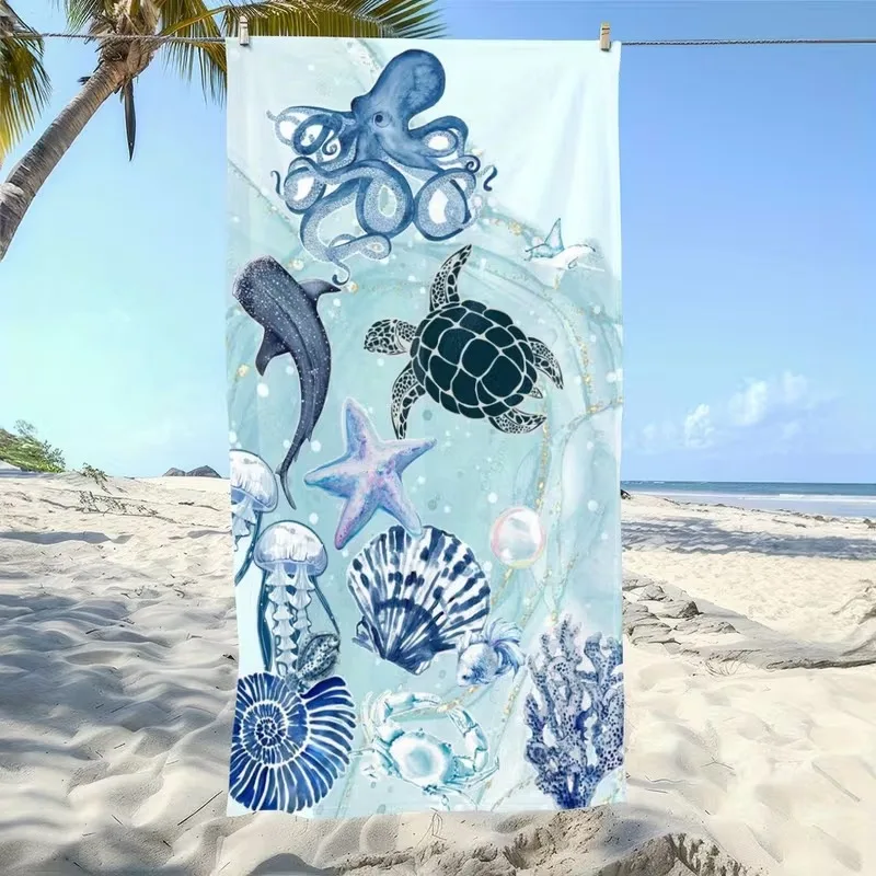 Strandtuch mit Aquarell-Motiv, Meereslebewesen, blaue Schildkröte, Oktopus, Qualle, Seestern, weiches, saugfähiges, schnell trocknendes Handtuch für den Strand Image