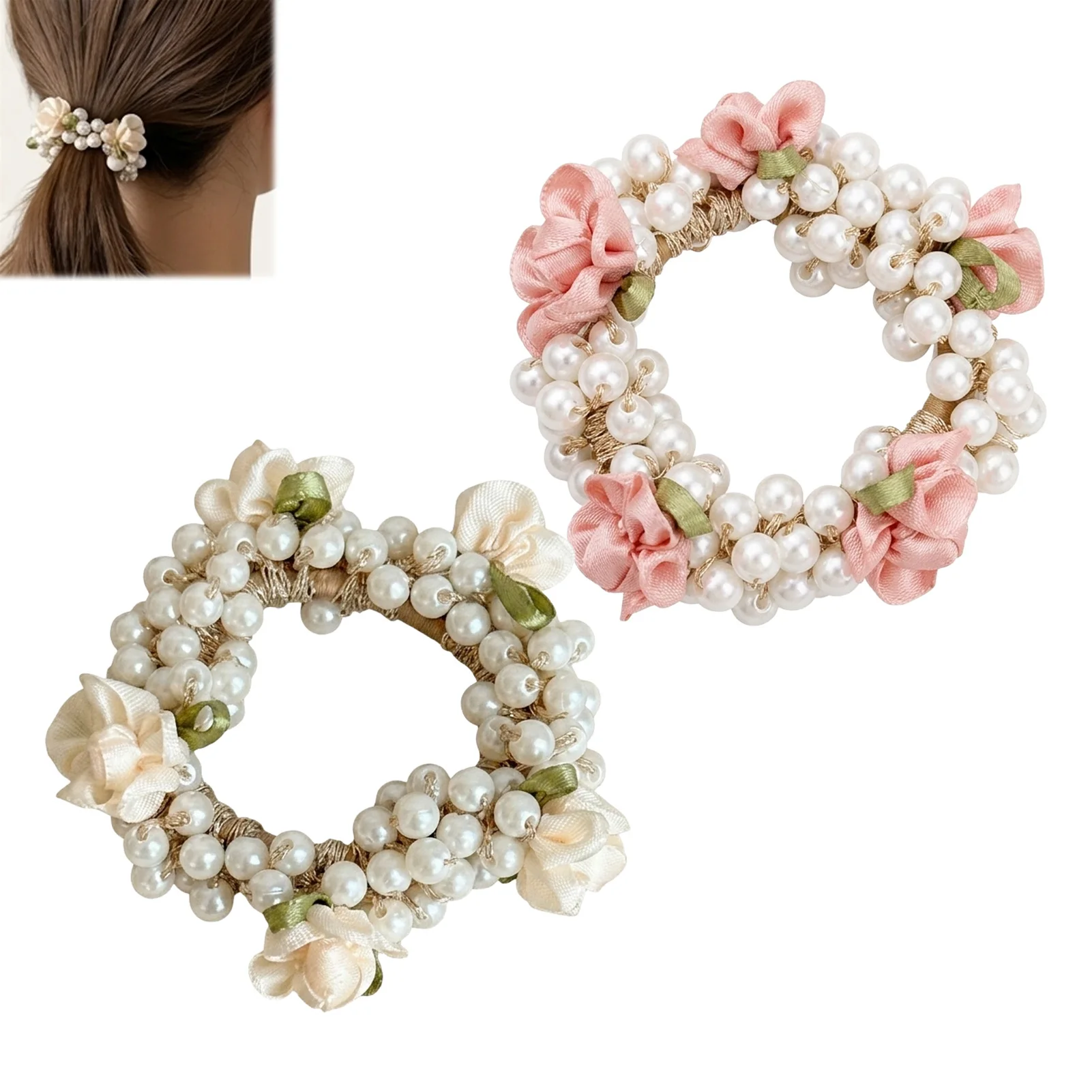 Blumen-Haargummi für Mädchen im französischen Blumen-Ölgemälde-Stil, Perlenweberei, hochelastisches Haarband für den Alltag und Partys, Haaraccessoires Image