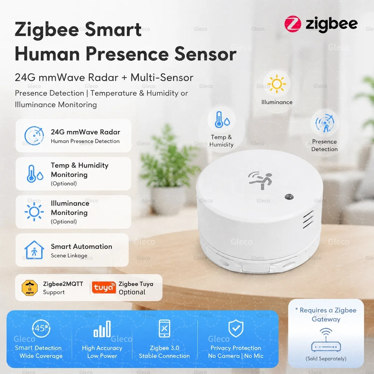 Zigbee Anwesenheitssensor 24G Mmwave Radar Personendetektor Bewegungs-/Statischer Erkennungssensor für Tuya Z2M Temperatur Luftfeuchtigkeit Licht Automatisch Image