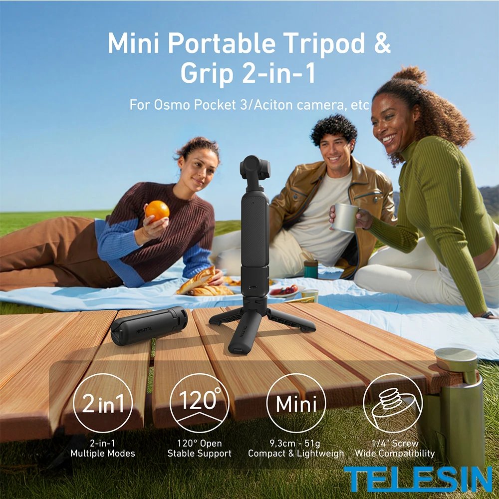 TELESIN 2-in-1 Mini-Stativ und Griff für Action-Kameras, 51g leicht, 120° ° Stabile Halterung, 1/4-Zoll-Schraubenkompatibilität Image