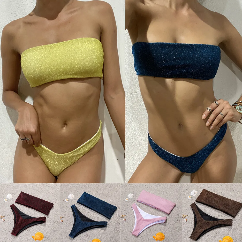 2026 Europäischer und Amerikanischer Gold- und Silber-Seidenstoff Sexy Tube-Top Hochgeschnittener Bikini Schnell Trocknender Badeanzug Image