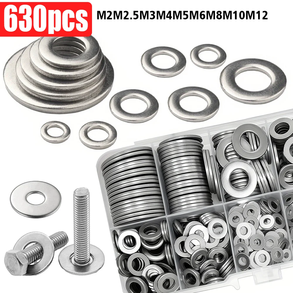 630-teiliges Edelstahl-Unterlegscheiben-Set, M3, M4, M5, M6, M8, M10, M12, für Hauswartung und industrielle Anwendungen. Image