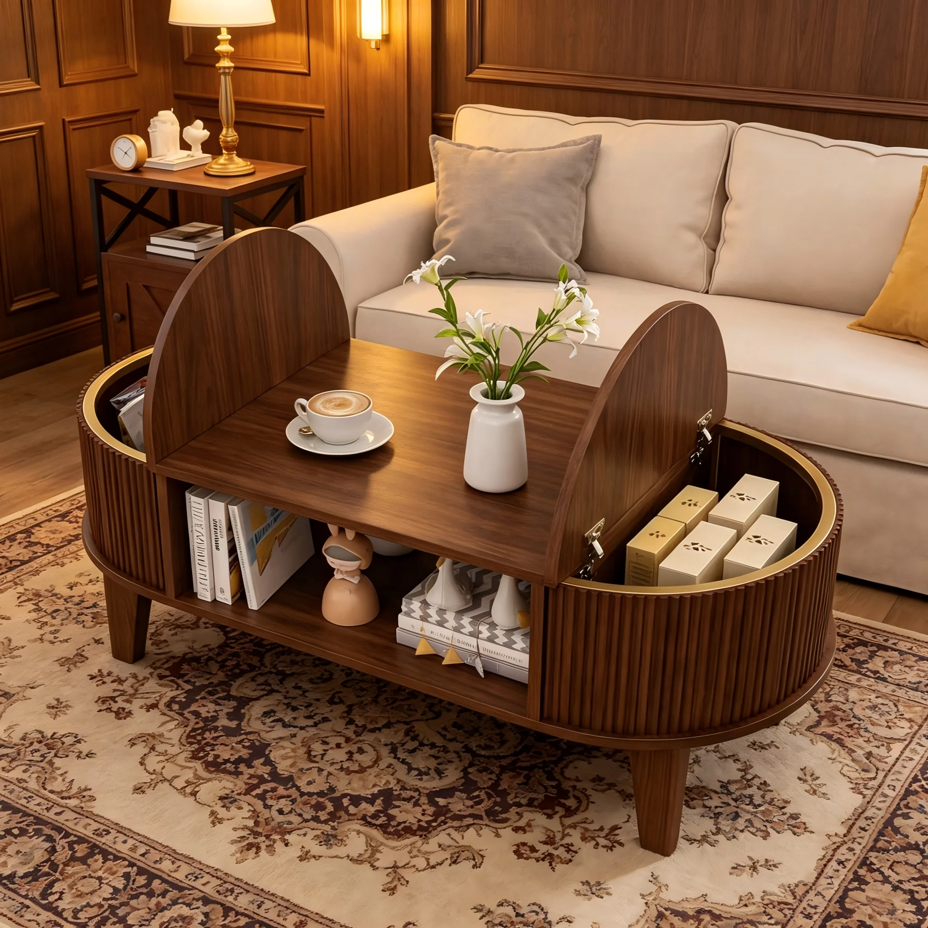 Rosahqnda Couchtisch mit verstecktem Stauraum, ovaler Couchtisch aus Walnussholz mit offenem Regal, Retro-Couchtisch für das Wohnzimmer