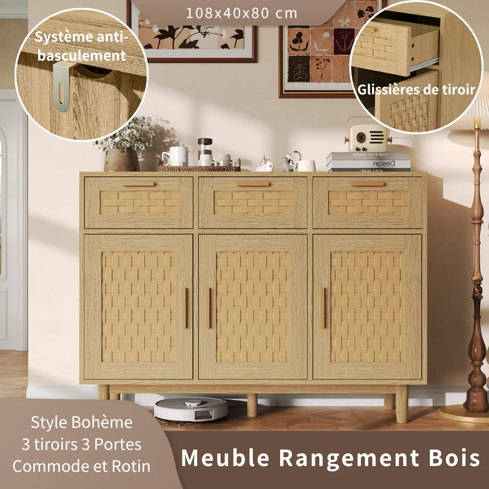 Meuble Rangement et Rotin, Buffet en Meuble de Rangement de Salon, 3 tiroirs 3 Portes Meuble de Cuisine Bois, Commode en Rotin Buffet pour Salon, Entrée, Style Bohème, 108x40x80 cm, Chêne