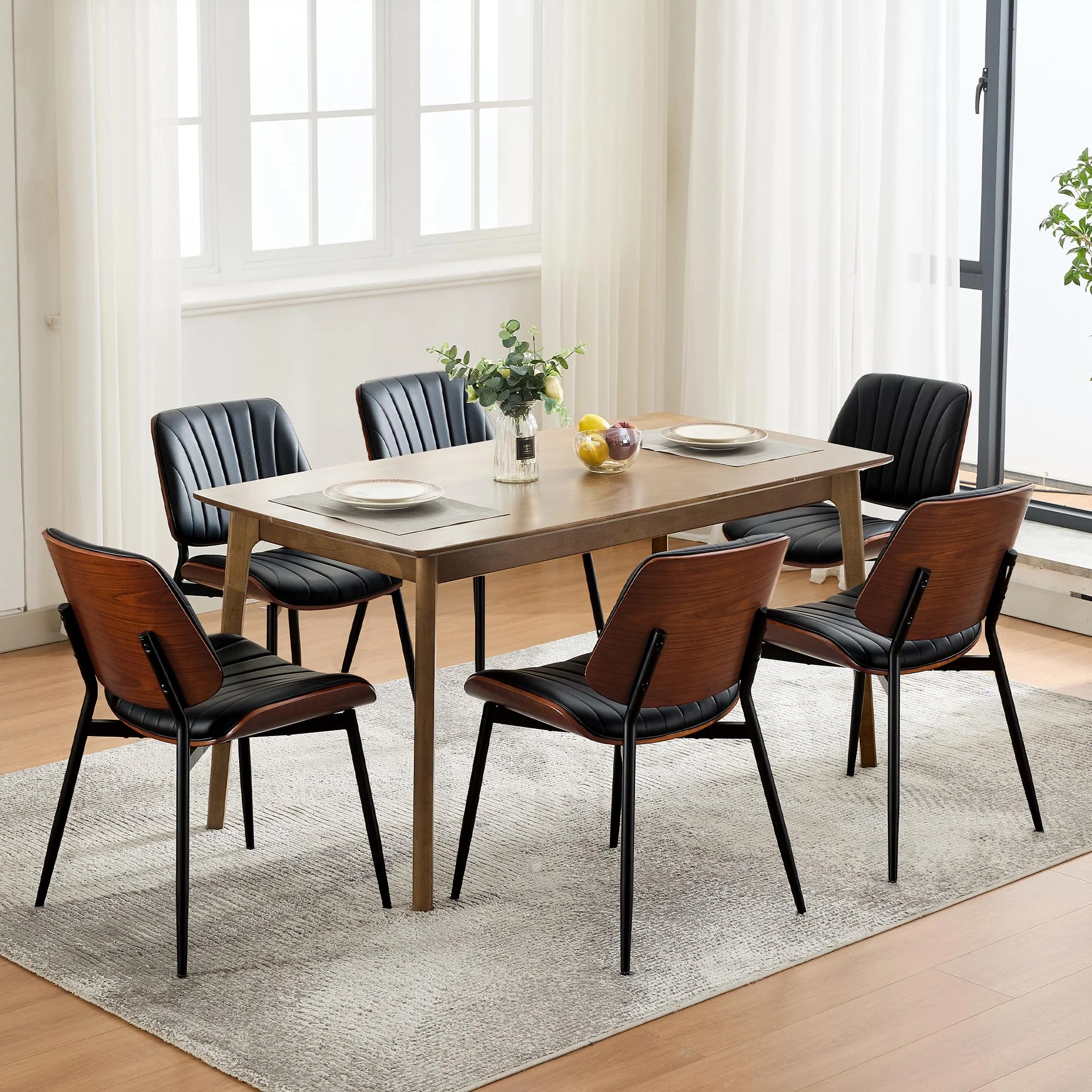 2er Set Mid-Century-Modern Esszimmerstühle – Polierte Küchenstühle aus Kunstleder mit Walnussholz-Rückenlehne und Metallbeinen, Elegante Schwarze Polsterung für Modernes Wohnen und Essbereich