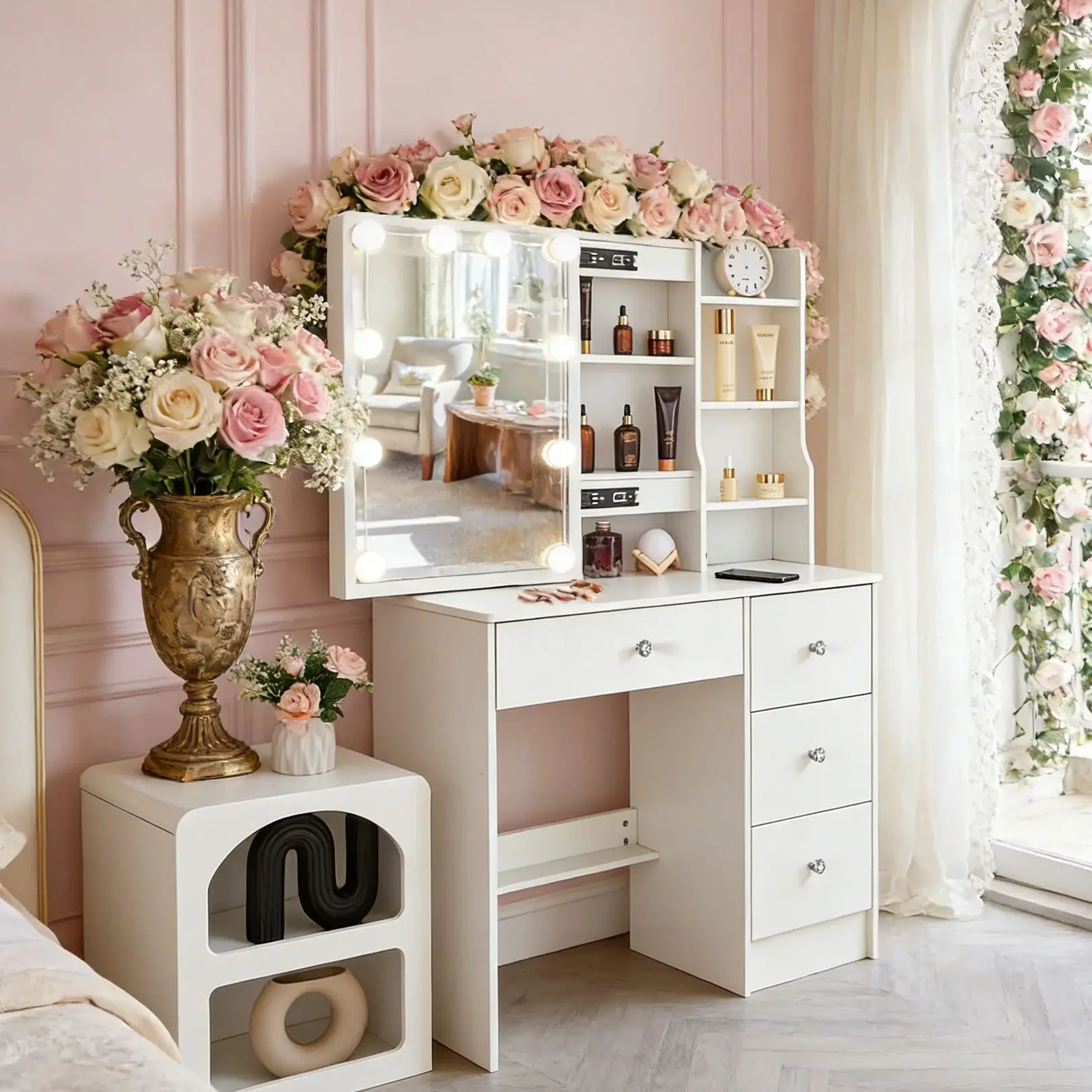 Teousev Weißer Holz-LED-Schminktisch Dimmbare Beleuchtung Großer Spiegel Schlafzimmer Make-up Frisiertisch Möbel