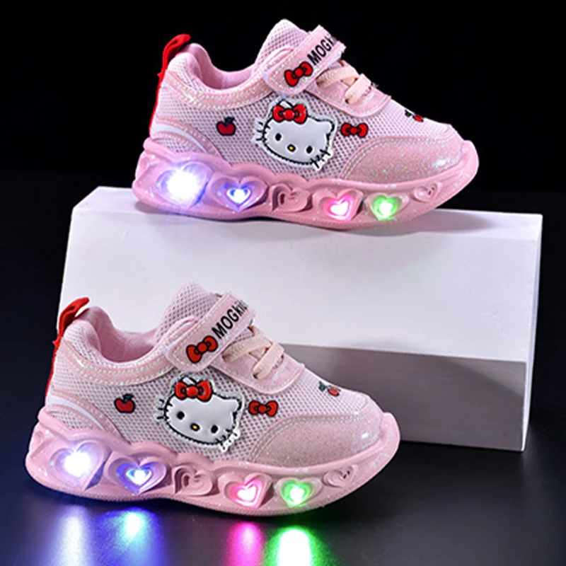 Hello Kitty LED-Freizeitschuhe für den Sommer, für Mädchen, bedruckt, atmungsaktiv, niedliche Schuhe für Kinder, beleuchtet, rutschfest, für den Außenbereich, Sportschuhe