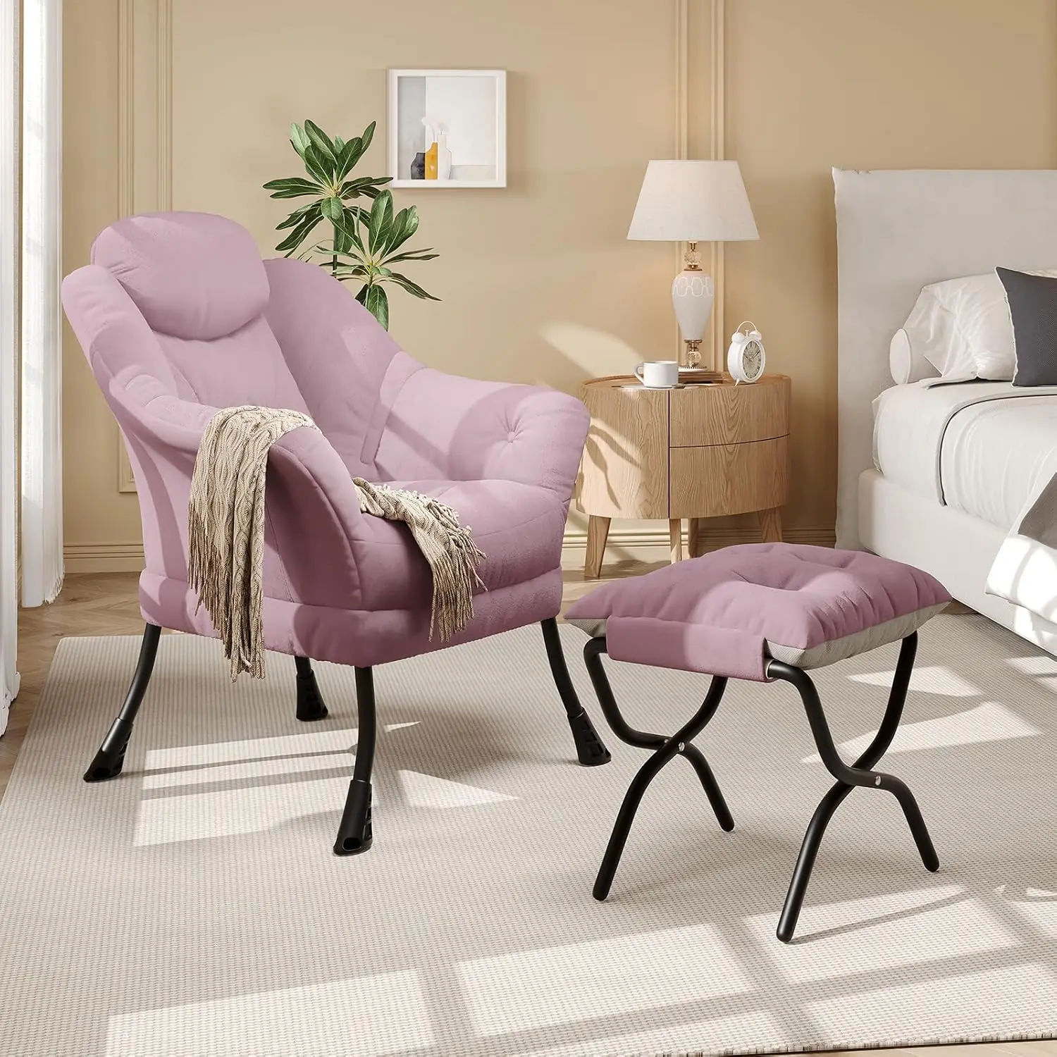 Moderner Relaxsessel mit Hocker & Seitentasche: Lesesessel mit Armlehnen & Fußstütze für kleine Räume, bequemer Lounge-Sessel für Schlafzimmer & Wohnzimmer, eleganter gepolsterter Einzelsessel,