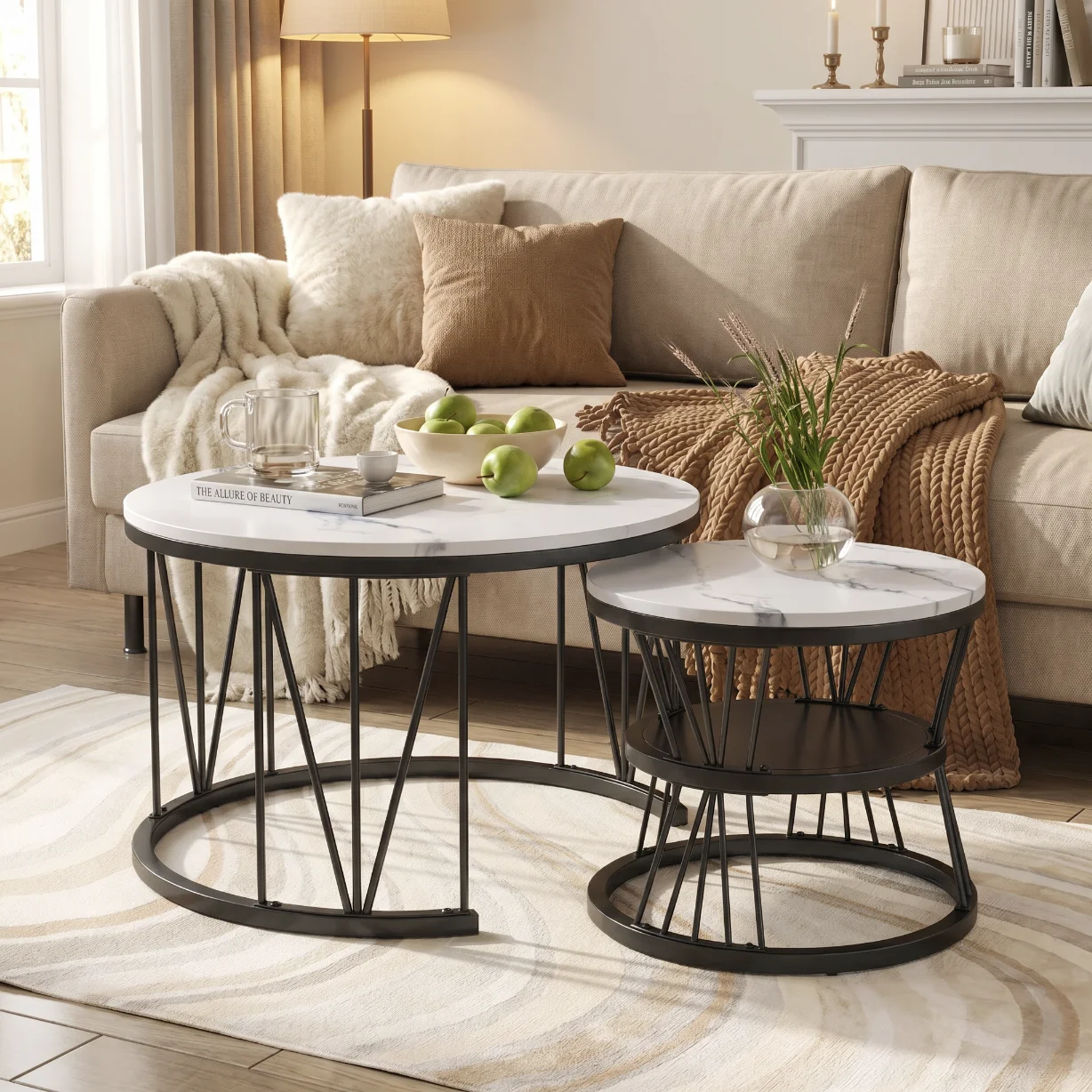 Anajqaqia 2-teiliges Couchtisch-Set, runder Couchtisch und Beistelltisch mit goldenem Metallrahmen, offenes Ablagefach, für das Wohnzimmer