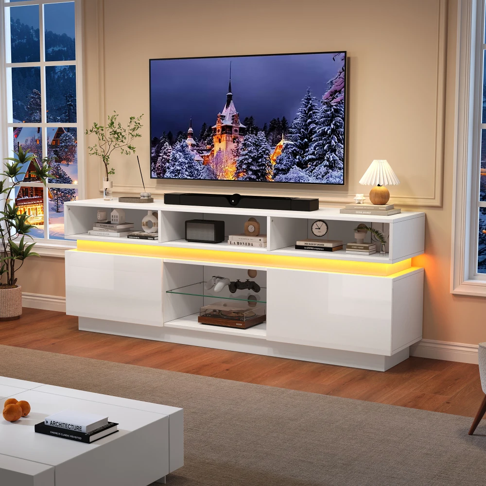 Meuble TV 160*35*60cm, meuble TV LED brillant avec plaque en verre trempé, adapté pour téléviseur 60 pouces, décoration de meubles de salon