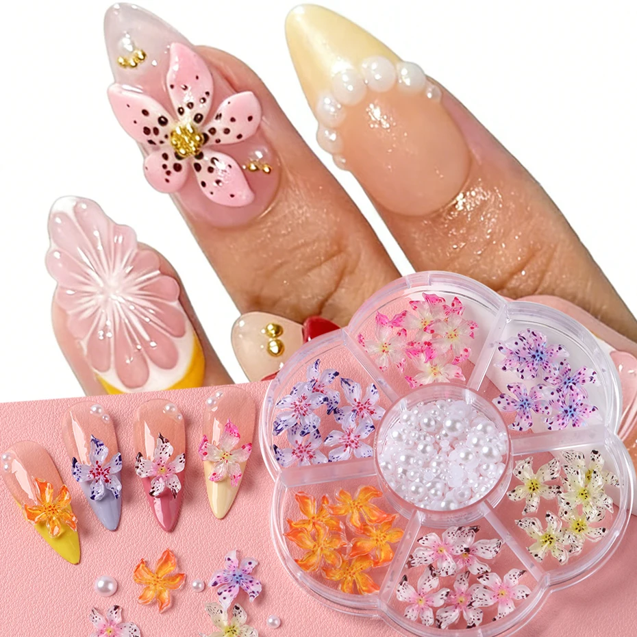 Eisklar glänzende Blumen-Nagelanhänger aus Kunstharz, Orchideen, Kamelien mit Perlen, zum Aufkleben auf Nägel, Hochzeits-Nageldekor Image