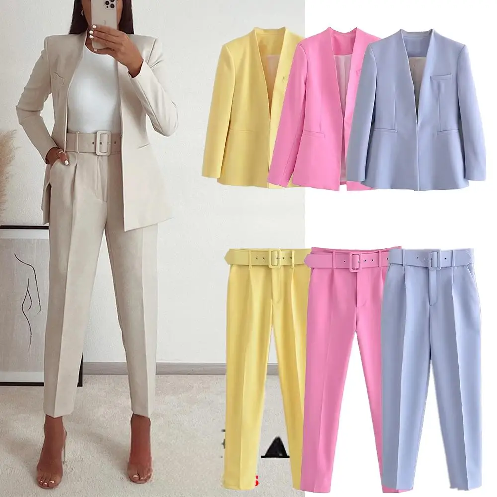 KONDALA Bürodame Beige Damenanzüge Langarm V-Ausschnitt Übergroßer Blazer + Hose mit hoher Taille und weitem Bein Mode 2025, Vintage-Sets Image