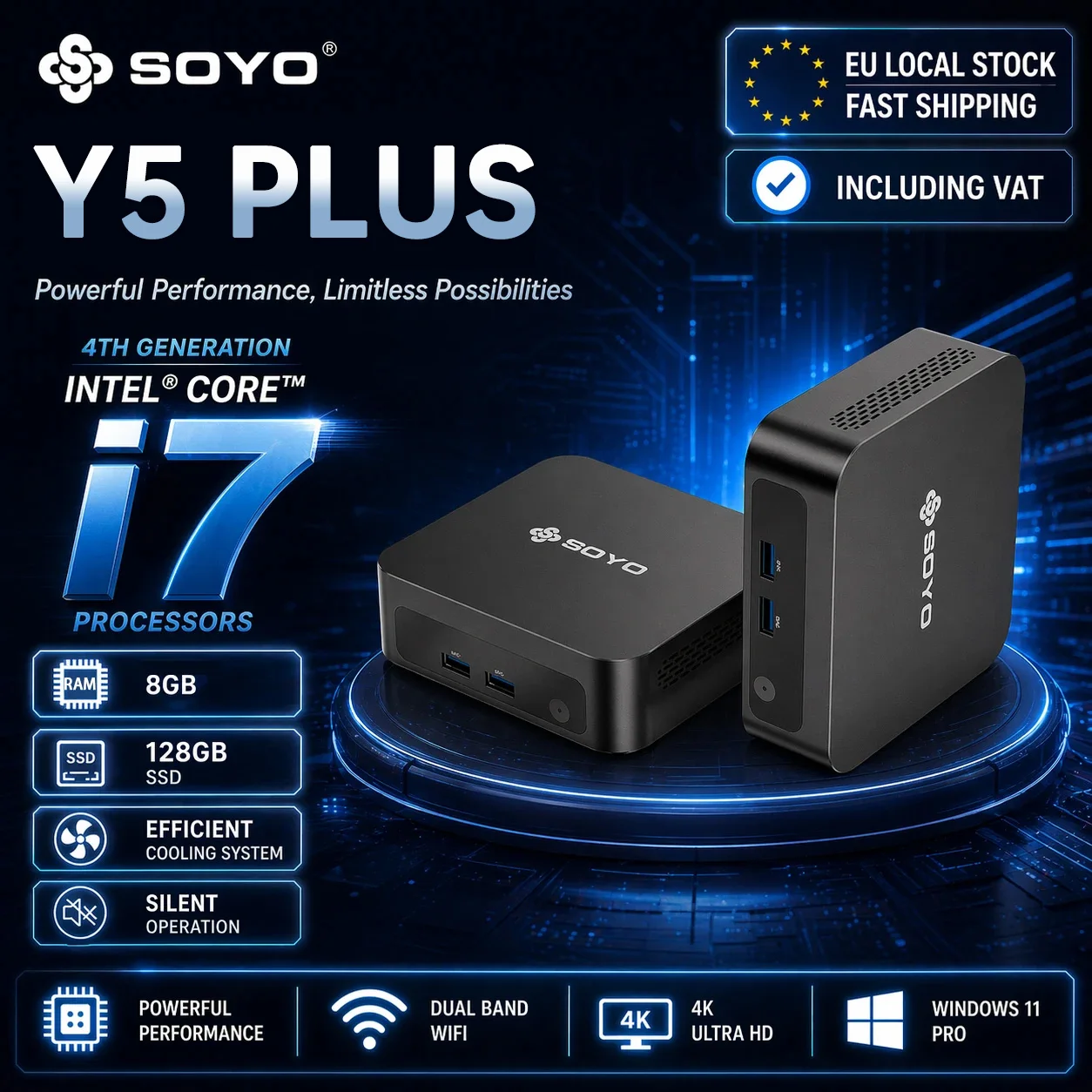 SOYO Y5 Plus Mini-PC Intel 4. Generation Intel Core i7 Prozessor 8GB RAM 128GB SSD Windows 11 PRO Bluetooth WIFI5 Display Mini-Computer