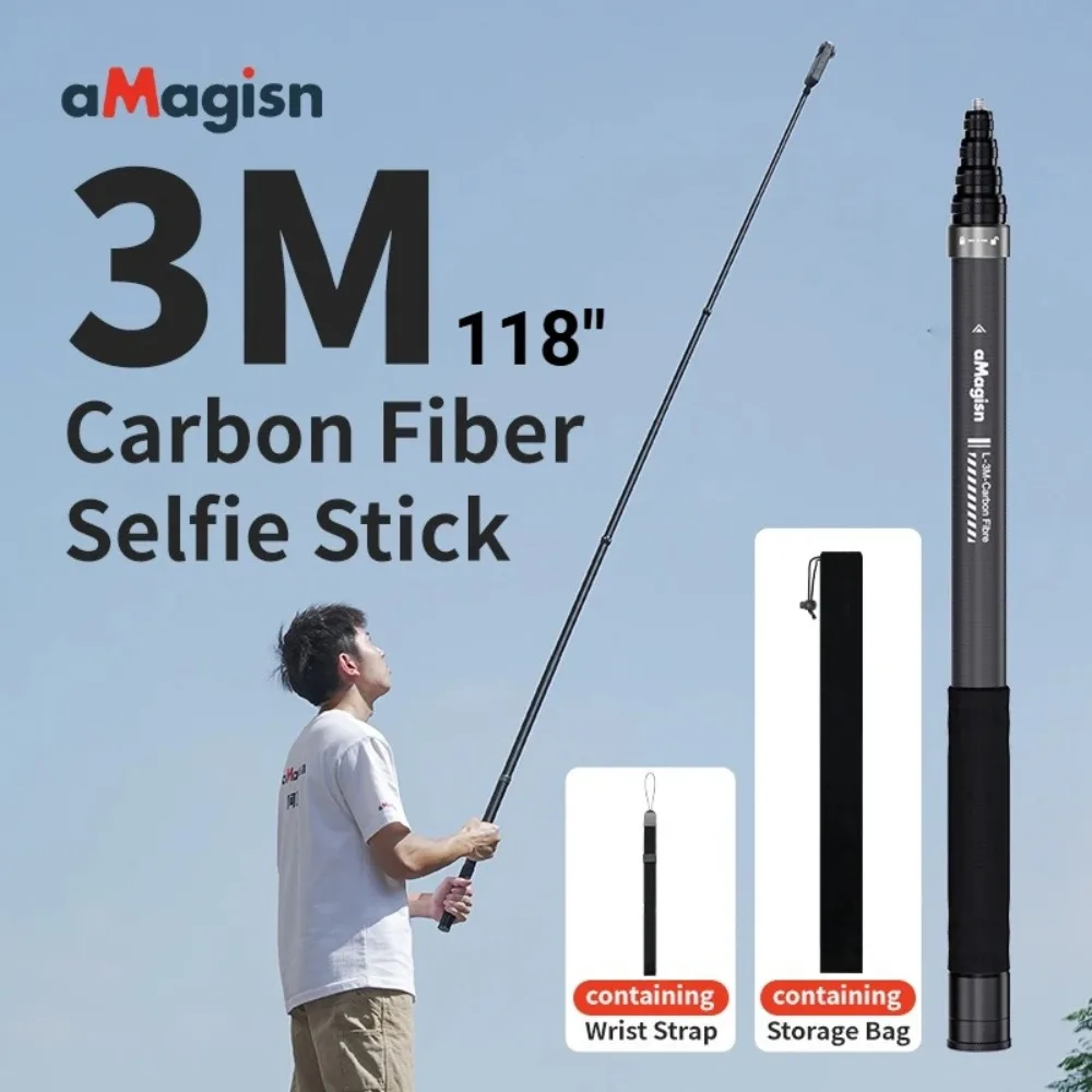 aMagisn 3M / 1,2M Unsichtbarer Selfie-Stick aus Kohlefaser, frei ausziehbar, für Gopro Max / Insta360 X3 X4 X5 / DJI Osmo360 Image