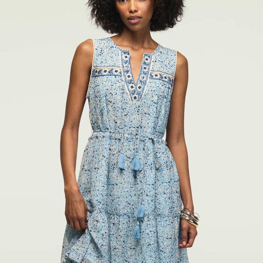 Lucky Brand Printed Embroidered Yoke Mini Dress - Women's Clothing Dresses Mini Dress in Blue Floral, Size XL