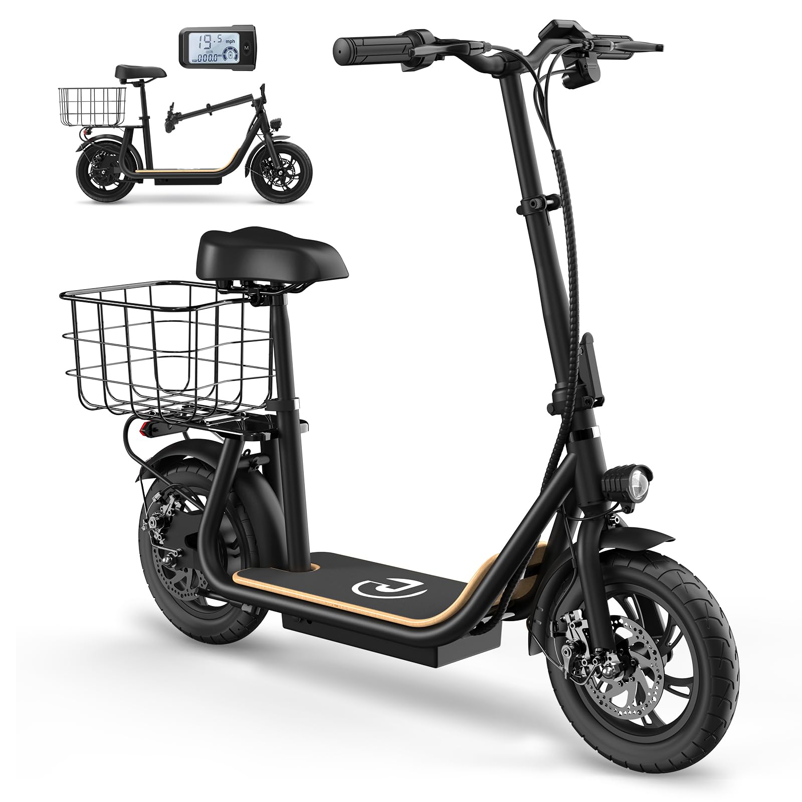 Garvee Electric Scooter for Adults, 12" Fat Tire Foldable Electric Bike with Seat and Basket, 500W Brushless Motor, Dual Brake System, 265lbs Max...