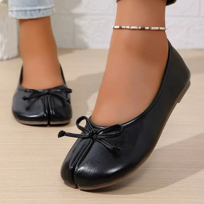 Split Toe Bow Knot Ballet Flats for Women, Soft Leather Slip-On Flat Shoes, Comfortable Casual & Office Ballerinas