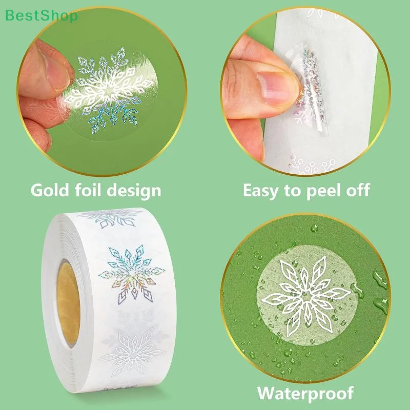 500 * Goldfolien-Schneeflocken-Aufkleberrollen, transparente holografische Weihnachtsetiketten, runde selbstklebende Weihnachts-Winter-Umschlagaufkleber Image